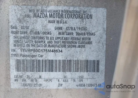 2007 Mazda Mazda6 I Sport Ve из США, поврежденный, VIN 1YVHP80C175M48634